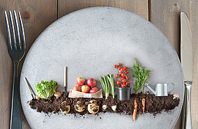 Auf einem Teller wird symbolisch das Anpflanzen und Ernten von Obst und Gemüse dargestellt