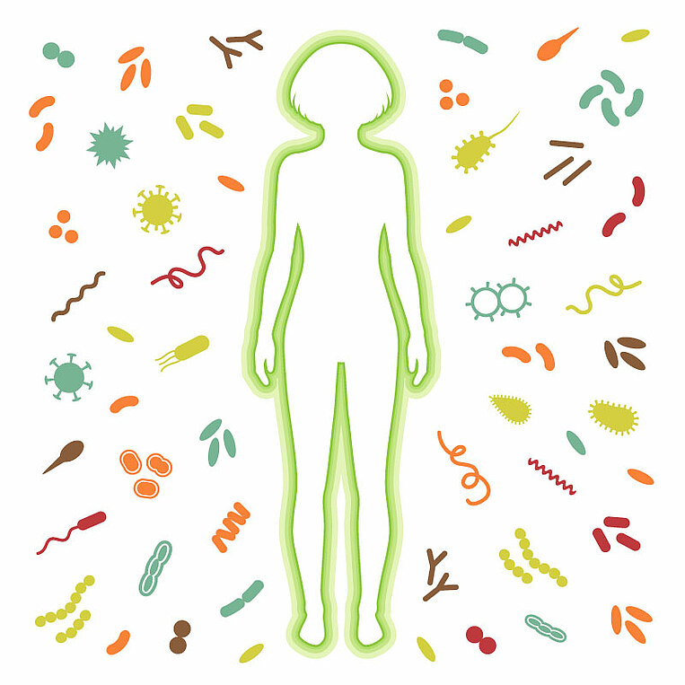 Illustration eines menschlichen Körpers umgeben von Krankheitserregern Illustration eines menschlichen Körpers umgeben von Krankheitserregern