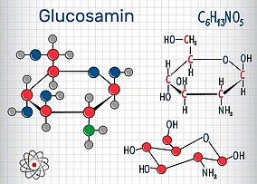 Strukturmodell und chemische Formel eines Glucosamin-Moleküls