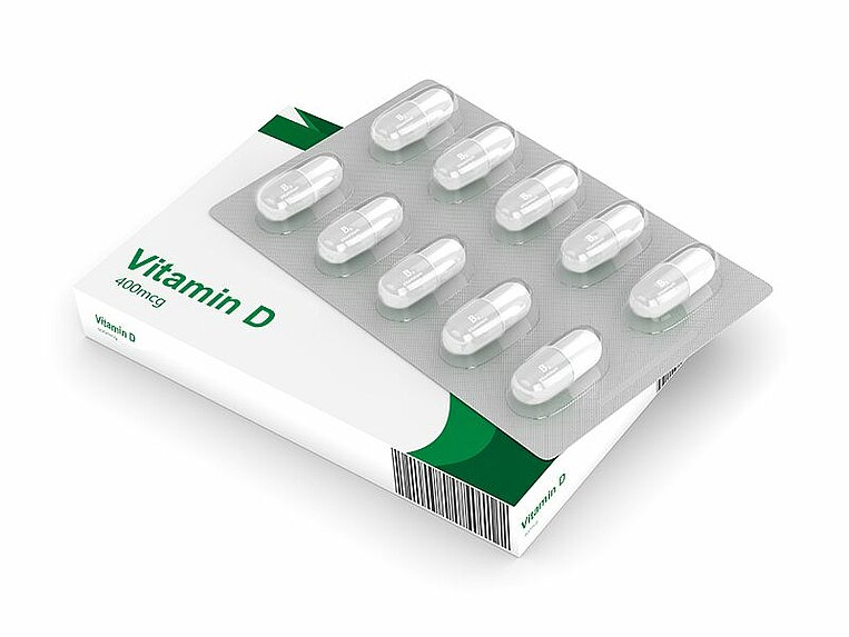 Eine Packung mit Vitamin D Pillen Eine Packung mit Vitamin D Pillen