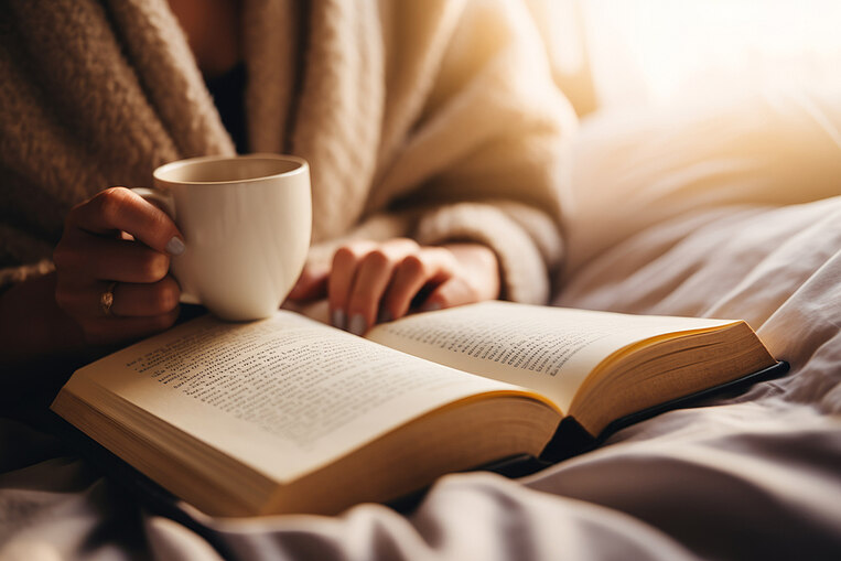 Frau liest ein Buch und trinkt Tee Frau liest ein Buch und trinkt Tee