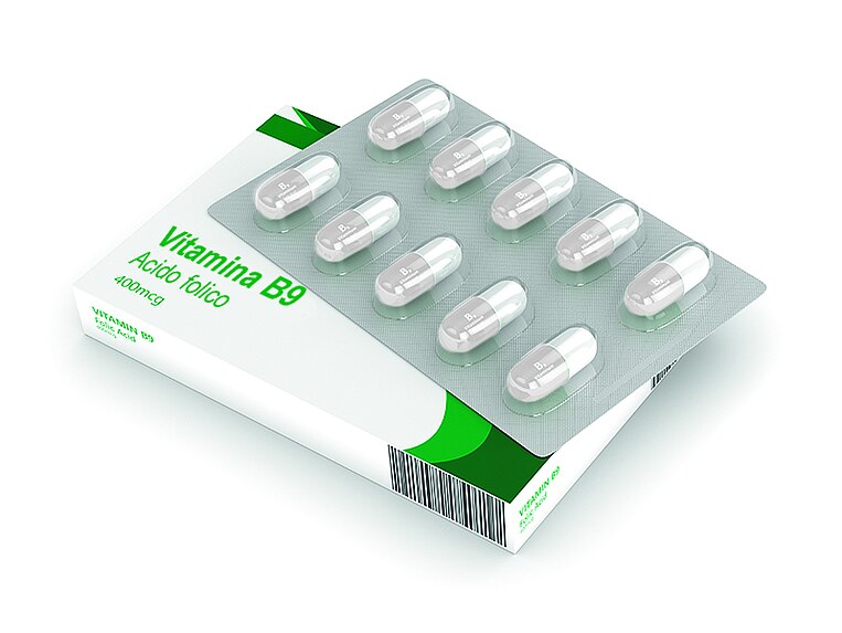 Confezione di acido folico e blister con capsule Folsäure Verpackung und Blister mit Kapseln
